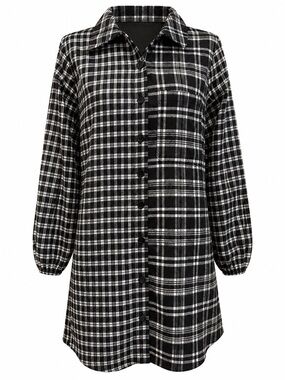 Papillon Black White Plaid Shirt Dress Medium Button Front